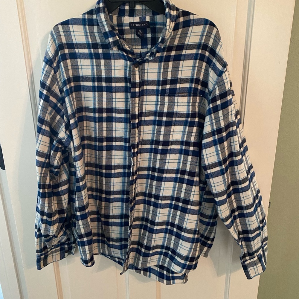 Lands' End Men's Navy and White Plaid Shirt